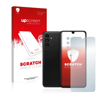 Parte frontal de un envase de producto con el logotipo de la marca upscreen. Al lado se muestra el dispositivo Samsung Galaxy 