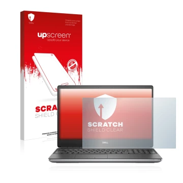 Parte frontal de un envase de producto con el logotipo de la marca upscreen. Al lado se muestra el dispositivo Dell Precision 