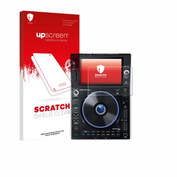 Parte frontal de un envase de producto con el logotipo de la marca upscreen. Al lado se muestra el dispositivo Denon DJ SC6000