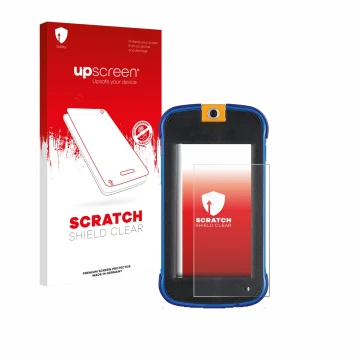 Parte frontal de un envase de producto con el logotipo de la marca upscreen. Al lado se muestra el dispositivo Vtech Kidicom M