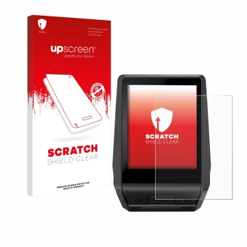 Parte frontal de un envase de producto con el logotipo de la marca upscreen. Al lado se muestra el dispositivo Bosch Nyon 2 20