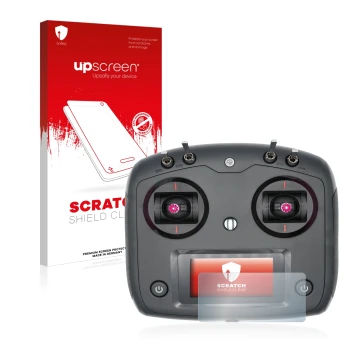 Parte frontal de un envase de producto con el logotipo de la marca upscreen. Al lado se muestra el dispositivo FlySky FS-i6S c