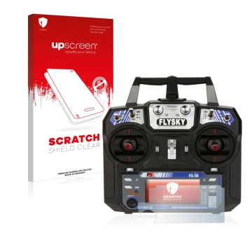 Parte frontal de un envase de producto con el logotipo de la marca upscreen. Al lado se muestra el dispositivo FlySky FS-i6 co