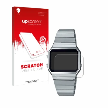 Parte frontal de un envase de producto con el logotipo de la marca upscreen. Al lado se muestra el dispositivo Casio A700WE co