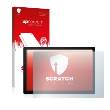 Parte frontal de un envase de producto con el logotipo de la marca upscreen. Al lado se muestra el dispositivo Samsung Galaxy 