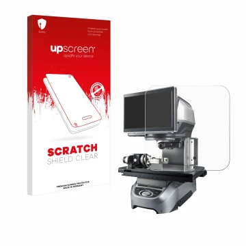 Parte frontal de un envase de producto con el logotipo de la marca upscreen. Al lado se muestra el dispositivo Keyence IM-7020