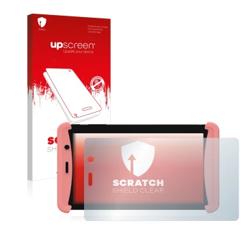 Parte frontal de un envase de producto con el logotipo de la marca upscreen. Al lado se muestra el dispositivo Kurio Tab Lite 