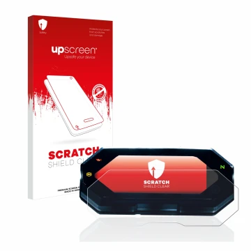 Parte frontal de un envase de producto con el logotipo de la marca upscreen. Al lado se muestra el dispositivo Yamaha MT-07 20