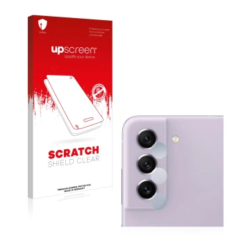 Parte frontal de un envase de producto con el logotipo de la marca upscreen. Al lado se muestra el dispositivo Samsung Galaxy 