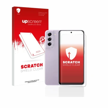 Parte frontal de un envase de producto con el logotipo de la marca upscreen. Al lado se muestra el dispositivo Samsung Galaxy 