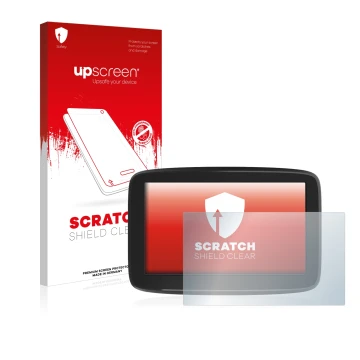 Parte frontal de un envase de producto con el logotipo de la marca upscreen. Al lado se muestra el dispositivo TomTom GO Class