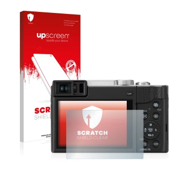Parte frontal de un envase de producto con el logotipo de la marca upscreen. Al lado se muestra el dispositivo Panasonic Lumix