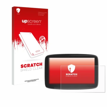 Parte frontal de un envase de producto con el logotipo de la marca upscreen. Al lado se muestra el dispositivo TomTom GO Class