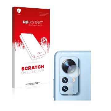 Parte frontal de un envase de producto con el logotipo de la marca upscreen. Al lado se muestra el dispositivo Xiaomi 12 (SÓLO