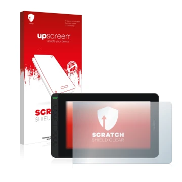 Parte frontal de un envase de producto con el logotipo de la marca upscreen. Al lado se muestra el dispositivo Huion Kamvas 12