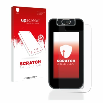 Parte frontal de un envase de producto con el logotipo de la marca upscreen. Al lado se muestra el dispositivo Vtech Kidicom A