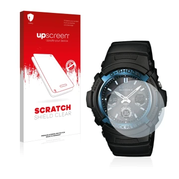 Parte frontal de un envase de producto con el logotipo de la marca upscreen. Al lado se muestra el dispositivo Casio AWG M100 