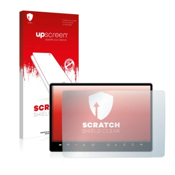 Parte frontal de un envase de producto con el logotipo de la marca upscreen. Al lado se muestra el dispositivo Tesla Model Y I