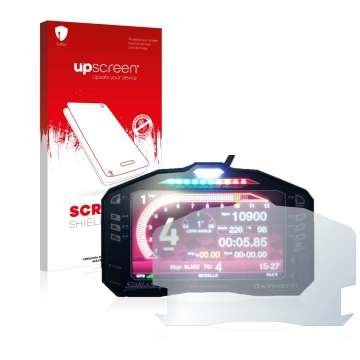 Parte frontal de un envase de producto con el logotipo de la marca upscreen. Al lado se muestra el dispositivo Starlane DaVinc