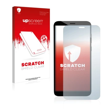 Parte frontal de un envase de producto con el logotipo de la marca upscreen. Al lado se muestra el dispositivo Pine64 PinePhon