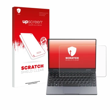 Parte frontal de un envase de producto con el logotipo de la marca upscreen. Al lado se muestra el dispositivo Chuwi MiniBook 
