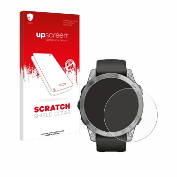 Parte frontal de un envase de producto con el logotipo de la marca upscreen. Al lado se muestra el dispositivo Garmin Fenix 7 