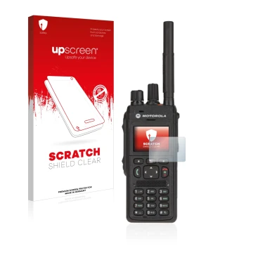 Parte frontal de un envase de producto con el logotipo de la marca upscreen. Al lado se muestra el dispositivo Motorola MTP355