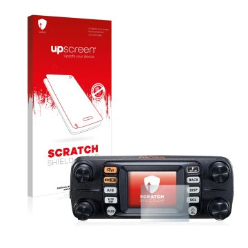 Parte frontal de un envase de producto con el logotipo de la marca upscreen. Al lado se muestra el dispositivo Yaesu FTM-300DE