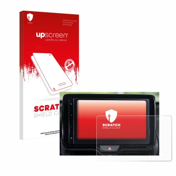 Parte frontal de un envase de producto con el logotipo de la marca upscreen. Al lado se muestra el dispositivo Toyota Yaris Cr