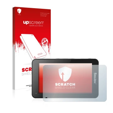Parte frontal de un envase de producto con el logotipo de la marca upscreen. Al lado se muestra el dispositivo Desview R6 UHB 