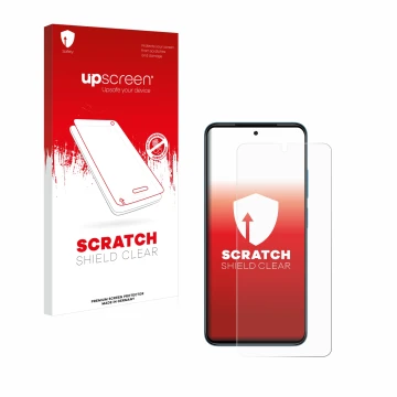 Parte frontal de un envase de producto con el logotipo de la marca upscreen. Al lado se muestra el dispositivo Xiaomi Redmi No