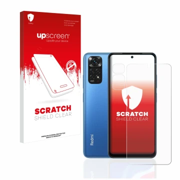 Parte frontal de un envase de producto con el logotipo de la marca upscreen. Al lado se muestra el dispositivo Xiaomi Redmi No