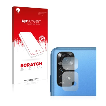 Parte frontal de un envase de producto con el logotipo de la marca upscreen. Al lado se muestra el dispositivo Xiaomi Redmi No