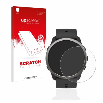 Parte frontal de un envase de producto con el logotipo de la marca upscreen. Al lado se muestra el dispositivo Suunto 5 Peak c