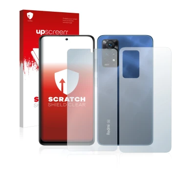 Parte frontal de un envase de producto con el logotipo de la marca upscreen. Al lado se muestra el dispositivo Xiaomi Redmi No