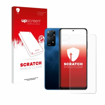 Parte frontal de un envase de producto con el logotipo de la marca upscreen. Al lado se muestra el dispositivo Xiaomi Redmi No
