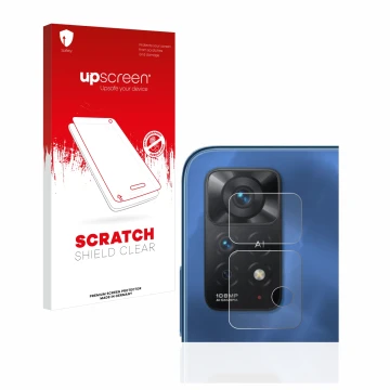 Parte frontal de un envase de producto con el logotipo de la marca upscreen. Al lado se muestra el dispositivo Xiaomi Redmi No