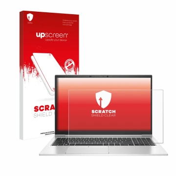 Parte frontal de un envase de producto con el logotipo de la marca upscreen. Al lado se muestra el dispositivo HP EliteBook 85
