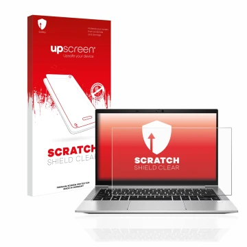 Parte frontal de un envase de producto con el logotipo de la marca upscreen. Al lado se muestra el dispositivo HP EliteBook 83