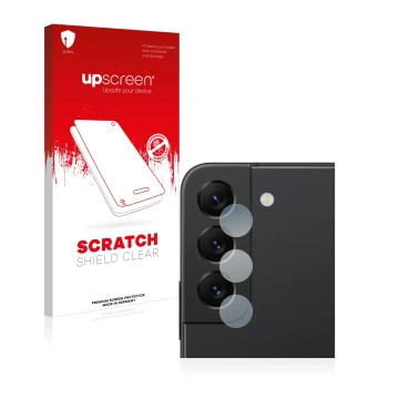 Parte frontal de un envase de producto con el logotipo de la marca upscreen. Al lado se muestra el dispositivo Samsung Galaxy 