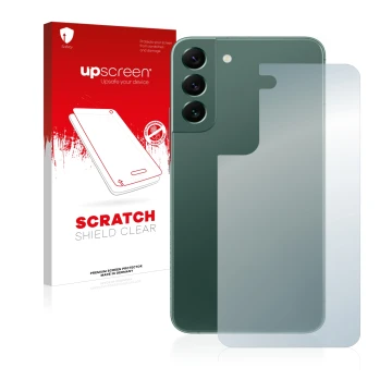 Parte frontal de un envase de producto con el logotipo de la marca upscreen. Al lado se muestra el dispositivo Samsung Galaxy 