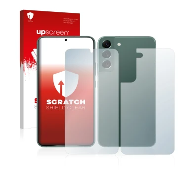 Parte frontal de un envase de producto con el logotipo de la marca upscreen. Al lado se muestra el dispositivo Samsung Galaxy 