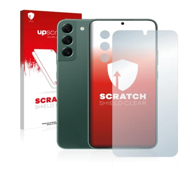 Parte frontal de un envase de producto con el logotipo de la marca upscreen. Al lado se muestra el dispositivo Samsung Galaxy 