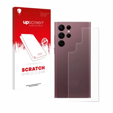 Parte frontal de un envase de producto con el logotipo de la marca upscreen. Al lado se muestra el dispositivo Samsung Galaxy 