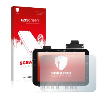 Parte frontal de un envase de producto con el logotipo de la marca upscreen. Al lado se muestra el dispositivo Convergent Desi