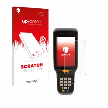 Parte frontal de un envase de producto con el logotipo de la marca upscreen. Al lado se muestra el dispositivo Datalogic Skorp