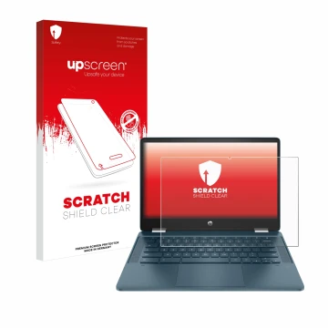 Parte frontal de un envase de producto con el logotipo de la marca upscreen. Al lado se muestra el dispositivo HP Chromebook x