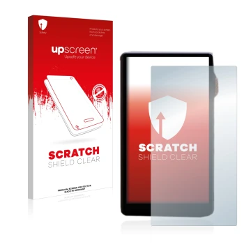 Parte frontal de un envase de producto con el logotipo de la marca upscreen. Al lado se muestra el dispositivo iBasso DX240 co
