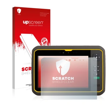 Parte frontal de un envase de producto con el logotipo de la marca upscreen. Al lado se muestra el dispositivo Trimble T7 con 