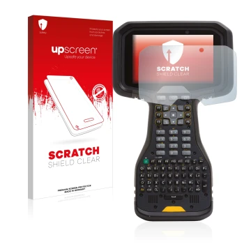 Parte frontal de un envase de producto con el logotipo de la marca upscreen. Al lado se muestra el dispositivo Trimble TSC5 co